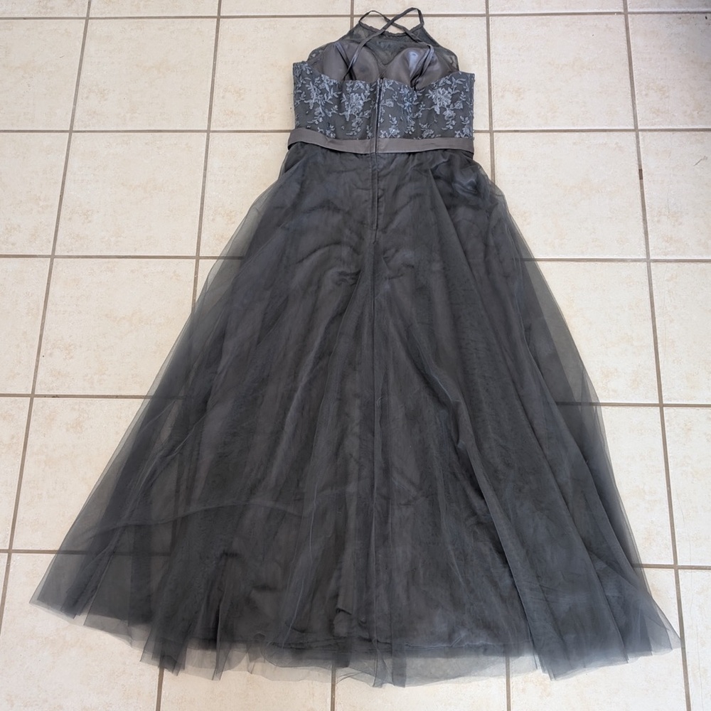 Size L/XL Beaded Grey Silver Cross-Back Mesh Boat Neck Formal Prom Dress Gown - Picture 2 of 15